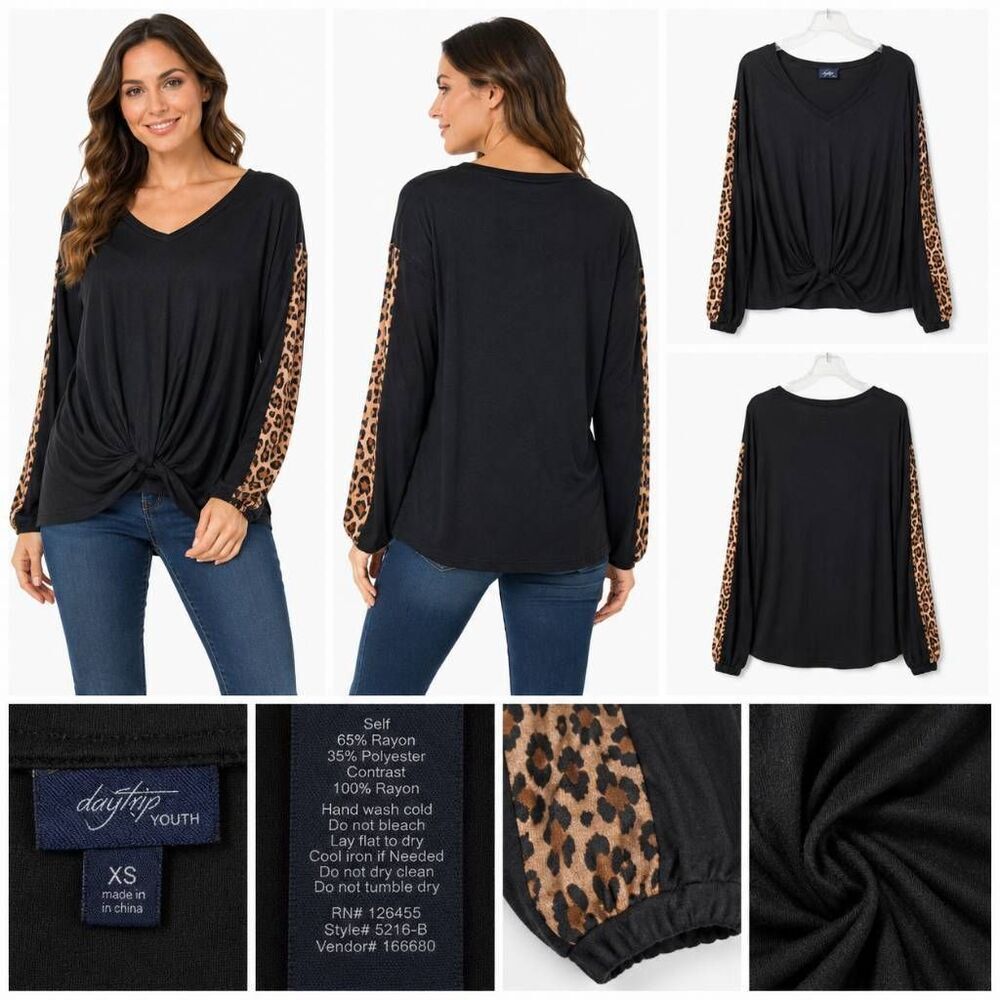 Daytrip Womens Black Leopard Sleeve Knot Top XS